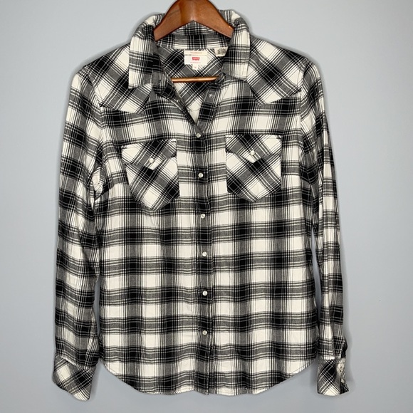 Levi’s black & white pearl snap “Tailored Fit” flannel long sleeve shirt Size M - Picture 12 of 13